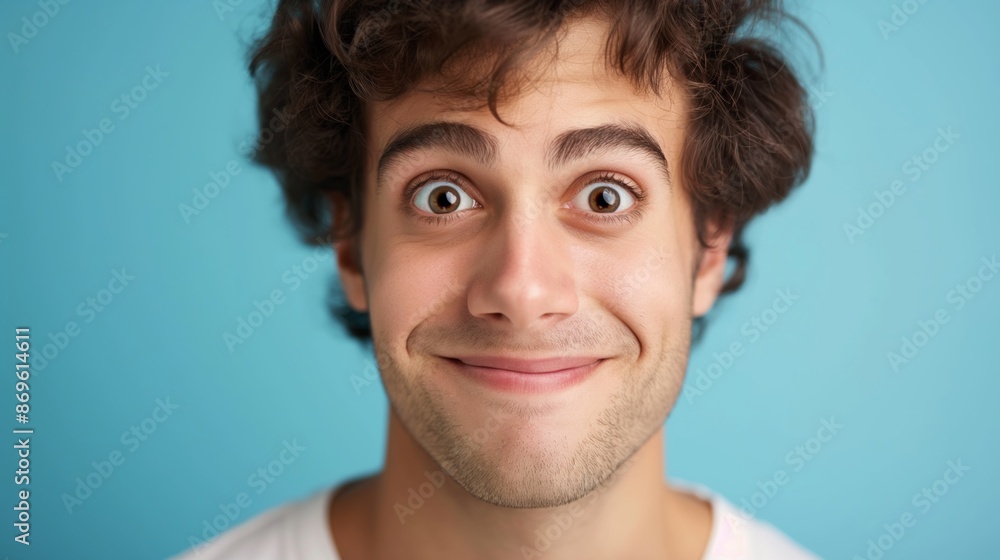 Young man with wavy brown hair smiling with wide eyes in front of blue background. Young man with wavy brown hair smiling with wide eyes in front of blue background.