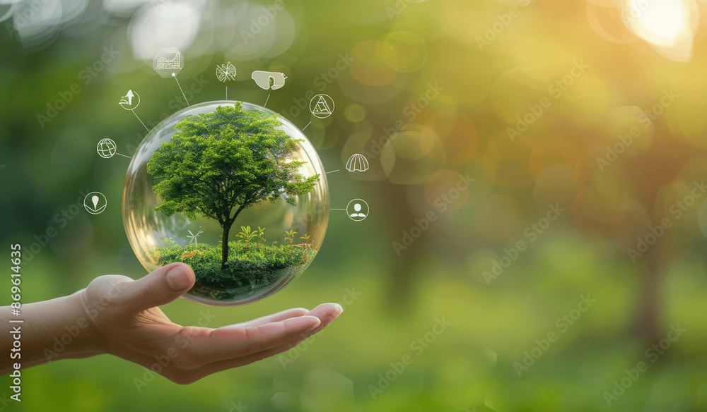 Hand Holding Tree Inside Glass Sphere with Energy Environment Icons on Green Nature Background - Global Environmental Protection Concept for Sustainable Development and Clean Planet Saving Hand Holding Tree Inside Glass Sphere with Energy Environment Icons on Green Nature Background - Global Environmental Protection Concept for Sustainable Development and Clean Planet Saving