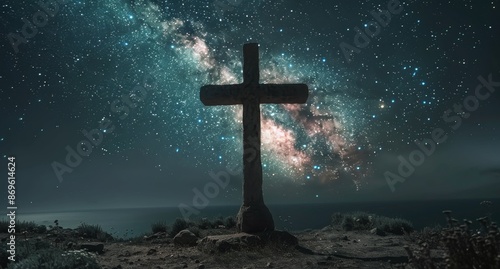 Stone Cross Silhouetted Against Starry Night Sky