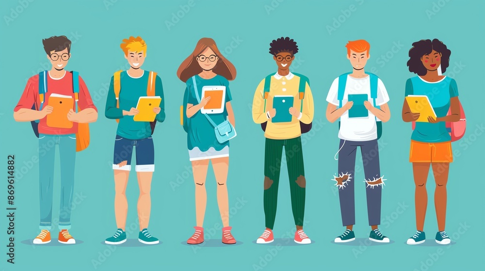 Fototapeta premium Diverse group of young people with backpacks and tablets, standing together.