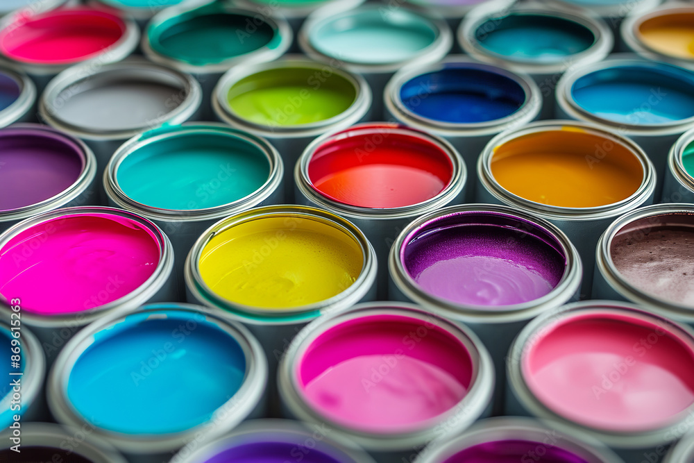 Open cans of color paint. Open cans with bright multicolored paints arranged on colorful geometric background. Open cans of color paint. Open cans with bright multicolored paints arranged on colorful geometric background.