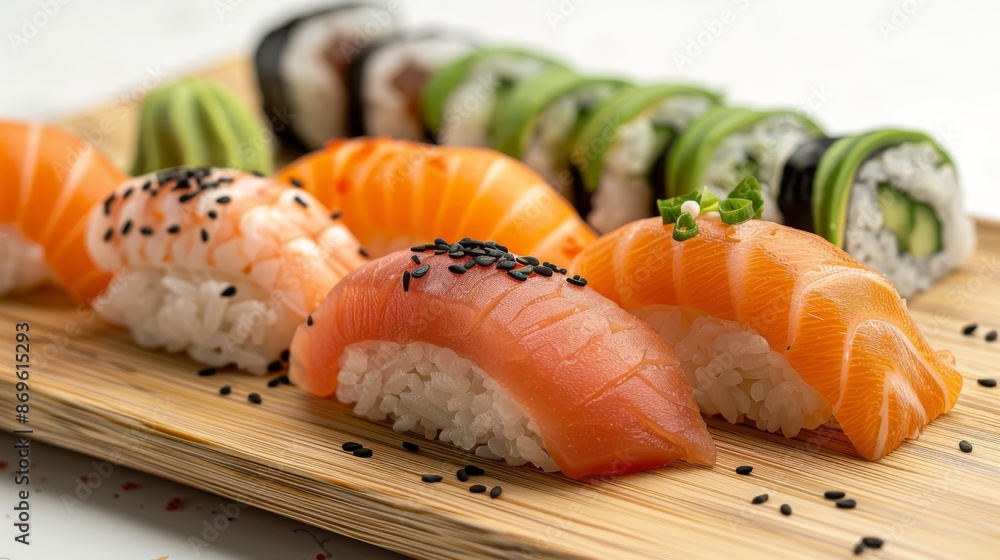 Variety of Nigiri Sushi on Bamboo Tray. Assorted nigiri sushi including salmon, tuna, and shrimp, presented on a bamboo tray, garnished with black sesame seeds and wasabi. Variety of Nigiri Sushi on Bamboo Tray. Assorted nigiri sushi including salmon, tuna, and shrimp, presented on a bamboo tray, garnished with black sesame seeds and wasabi.