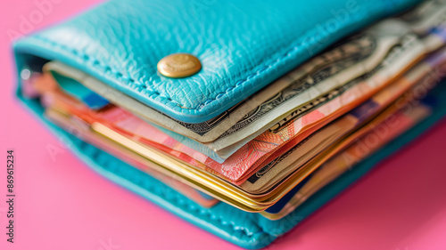 Wallpaper Mural Teal wallet filled with various currency banknotes against a pink background. Torontodigital.ca