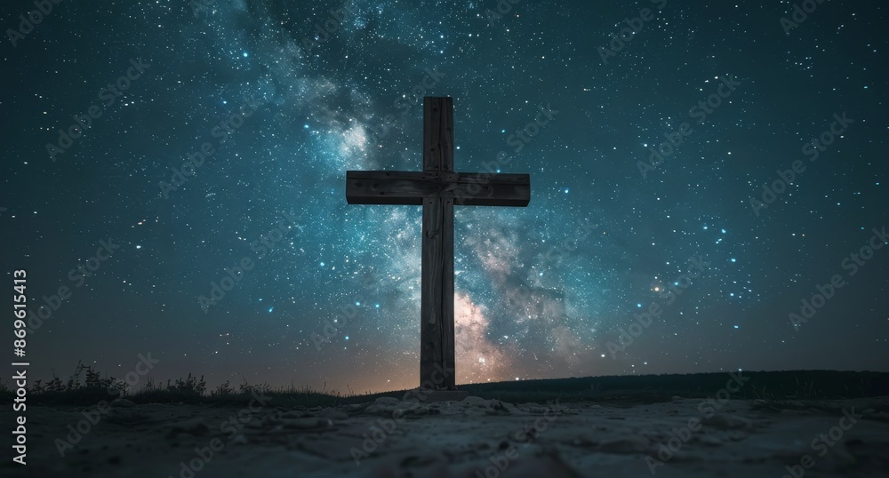 Stone Cross Silhouetted Against Starry Night Sky Stone Cross Silhouetted Against Starry Night Sky