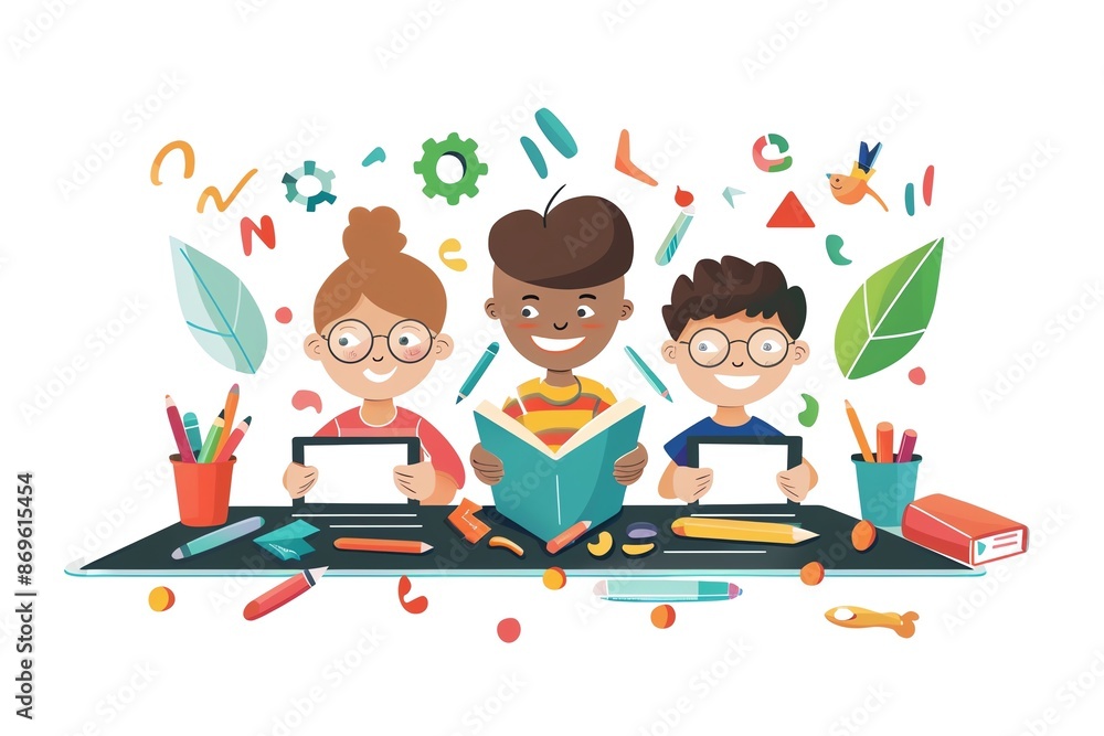 Three diverse children happily learning at a desk with books, tablets, and school supplies. Three diverse children happily learning at a desk with books, tablets, and school supplies.