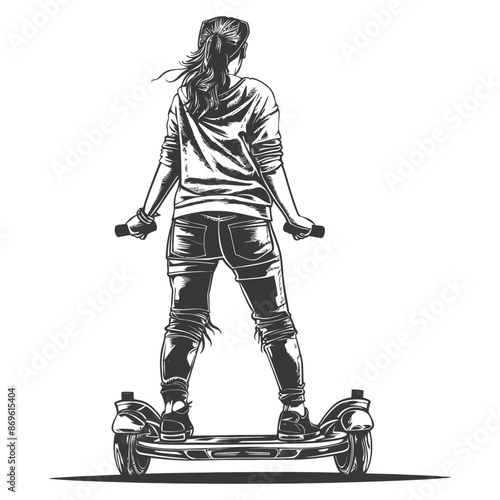 girl riding hoverboard with engraving style