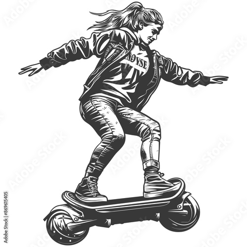 girl riding hoverboard with engraving style