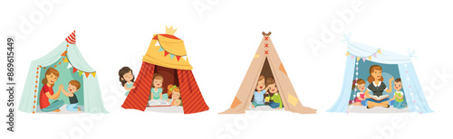 Cute Little Children Playing with Teepee Tent Vector Set