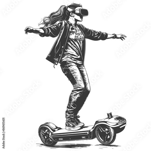 girl riding hoverboard with engraving style