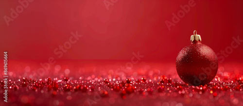 minimalistic red christmas background with one bauble; christmas decorations background.; xmas tree ball; simple holiday festive widescreen backdrop