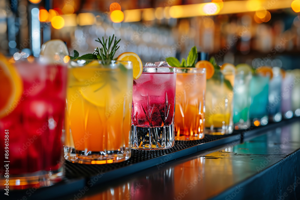 Close up of different colored drinks on the dark table in the bar or night club, blurred background Close up of different colored drinks on the dark table in the bar or night club, blurred background