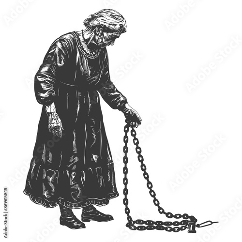 senior citizen woman slave with shackle in engraving style