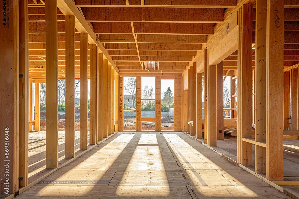 The structure of wood framing at. New build home at empty lot. Wooden frame structure house building on a new development framing of under construction The structure of wood framing at. New build home at empty lot. Wooden frame structure house building on a new development framing of under construction
