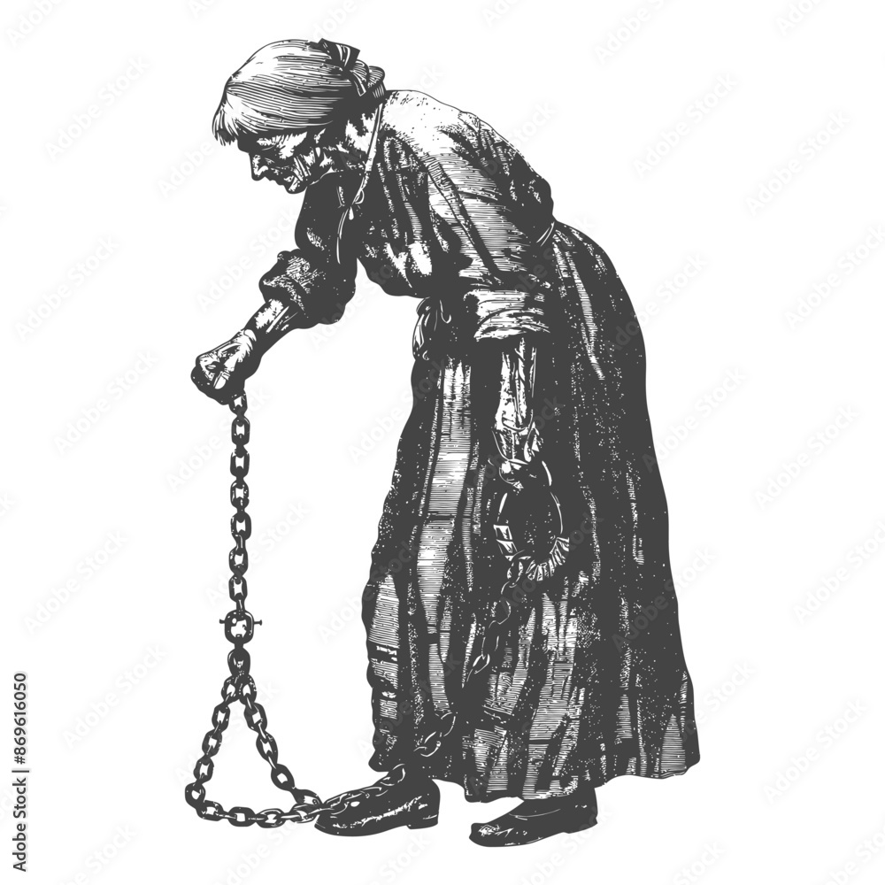 Fototapeta premium senior citizen woman slave with shackle in engraving style