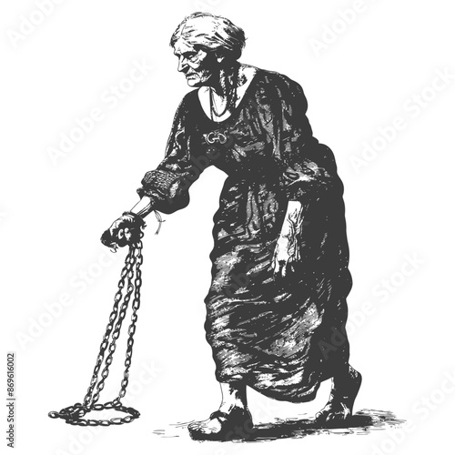 senior citizen woman slave with shackle in engraving style