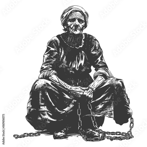 senior citizen woman slave with shackle in engraving style