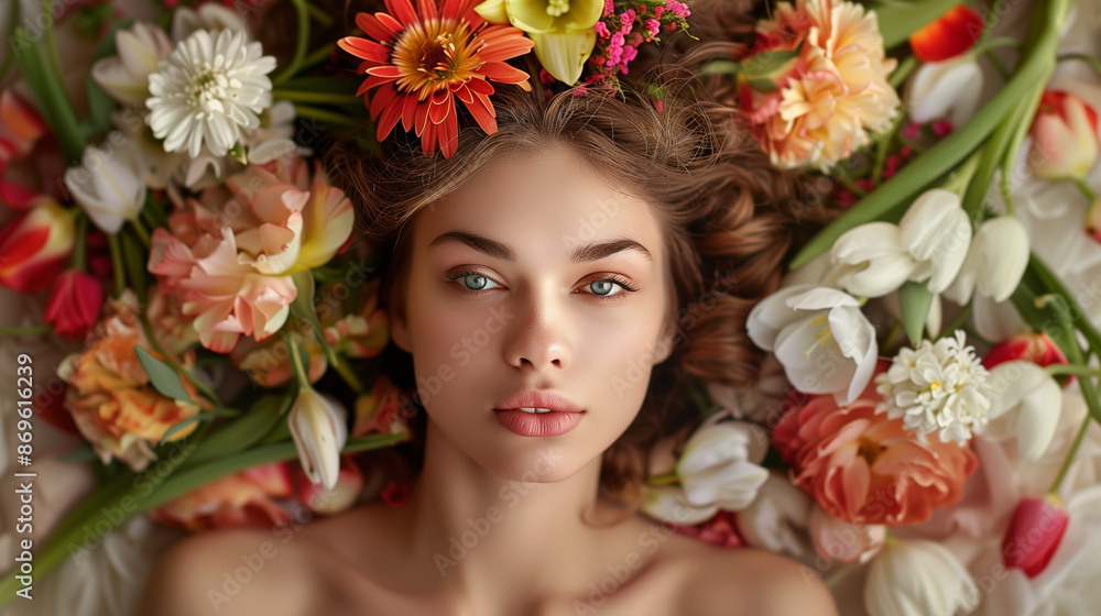 woman surrounded by flowers woman surrounded by flowers