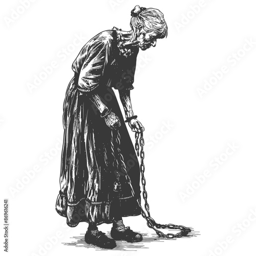 senior citizen woman slave with shackle in engraving style