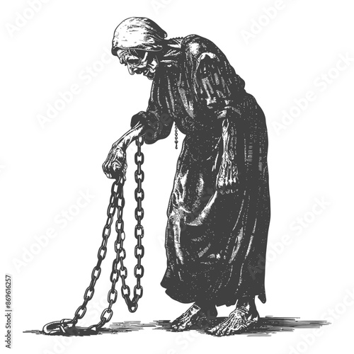 senior citizen woman slave with shackle in engraving style