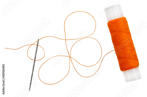 Old spool of thread and needle on a white background. Sewing accessories