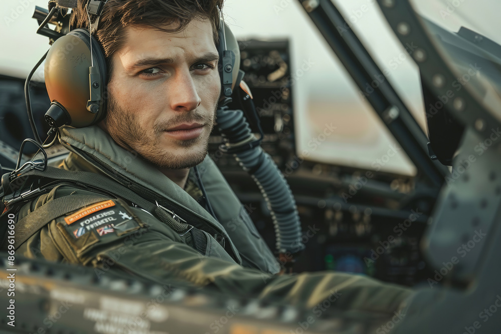 Small aircraft pilot at the controls of an aircraft looking at camera and smiling while sitting in cockpit Small aircraft pilot at the controls of an aircraft looking at camera and smiling while sitting in cockpit