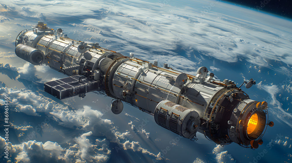 A detailed view of a futuristic spacecraft orbiting Earth, showcasing advanced technology and the planet's atmosphere below A detailed view of a futuristic spacecraft orbiting Earth, showcasing advanced technology and the planet's atmosphere below
