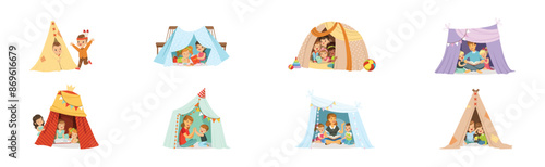 Cute Little Children Playing with Teepee Tent Vector Set