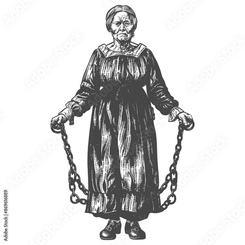 senior citizen woman slave with shackle in engraving style