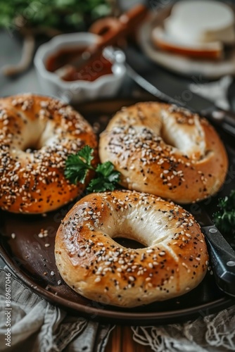 Classic Bagel : Perfectly toasted bagels, served on a dark plate. © steve