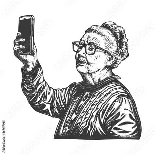 senior citizen woman taking selfie photo on smartphone with engraving style