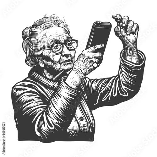 senior citizen woman taking selfie photo on smartphone with engraving style