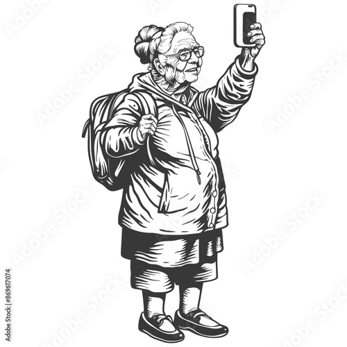 senior citizen woman taking selfie photo on smartphone with engraving style