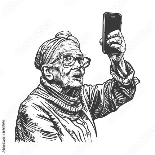 senior citizen woman taking selfie photo on smartphone with engraving style
