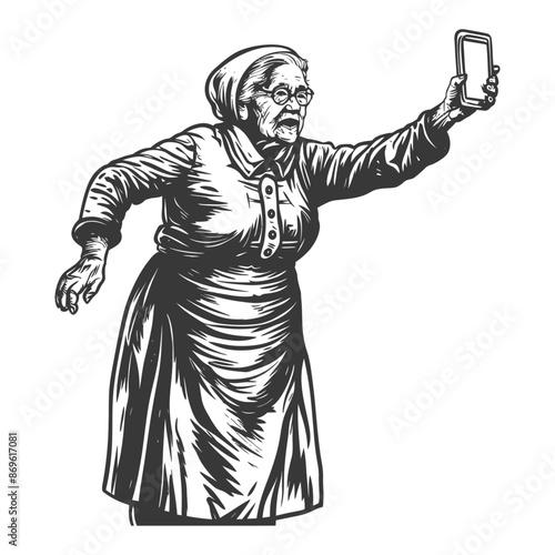 senior citizen woman taking selfie photo on smartphone with engraving style