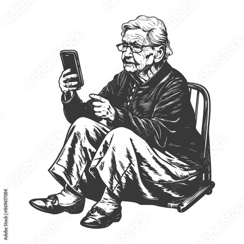 senior citizen woman taking selfie photo on smartphone with engraving style