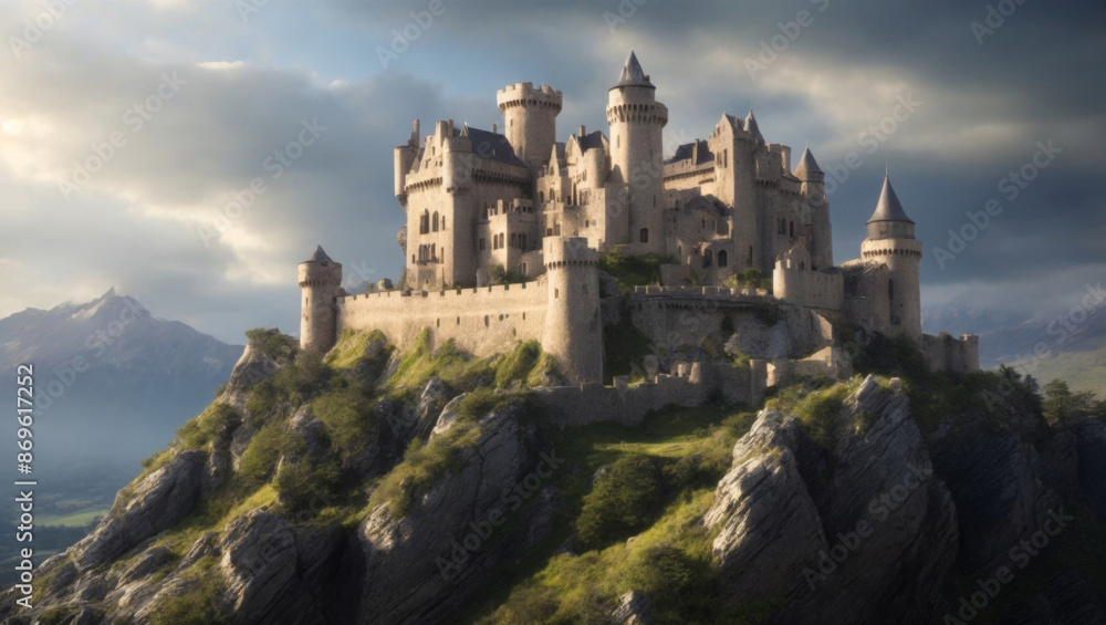 ancient Scotland castle in mountains under cloudy sky ancient Scotland castle in mountains under cloudy sky