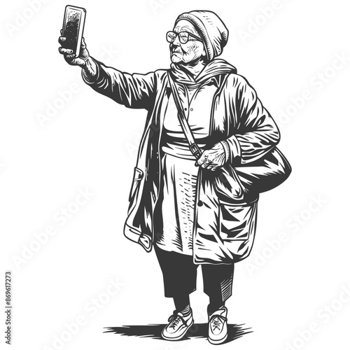 senior citizen woman taking selfie photo on smartphone with engraving style