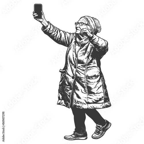 senior citizen woman taking selfie photo on smartphone with engraving style