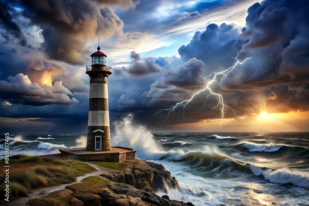 Fototapeta premium Stormy Seascape Lighthouse Lightning Sunset Clouds Waves Rocks