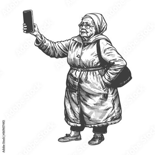 senior citizen woman taking selfie photo on smartphone with engraving style