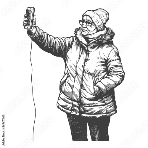 senior citizen woman taking selfie photo on smartphone with engraving style