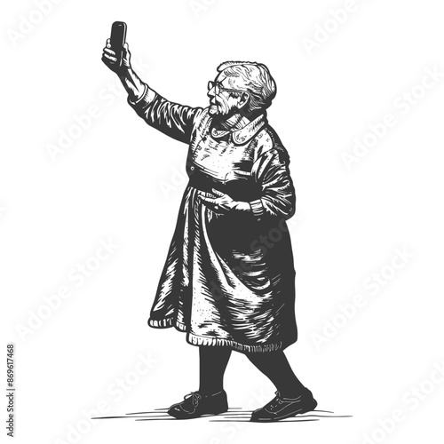 senior citizen woman taking selfie photo on smartphone with engraving style