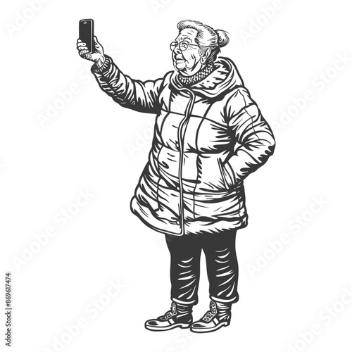 senior citizen woman taking selfie photo on smartphone with engraving style