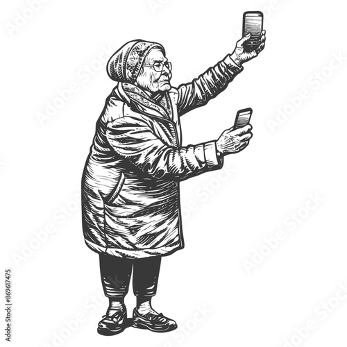 senior citizen woman taking selfie photo on smartphone with engraving style