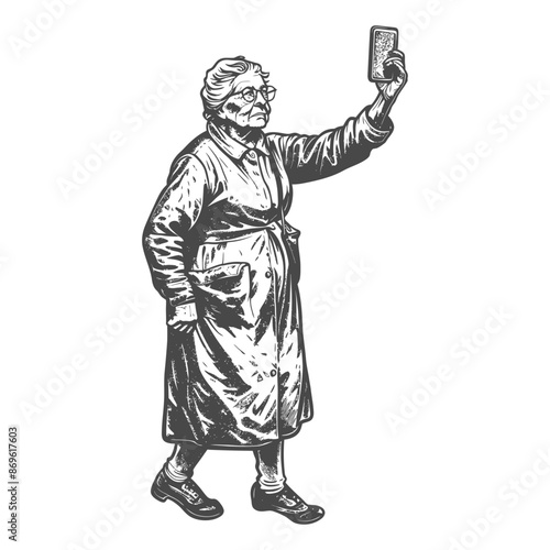 senior citizen woman taking selfie photo on smartphone with engraving style