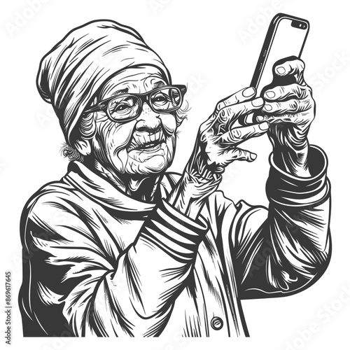 senior citizen woman taking selfie photo on smartphone with engraving style
