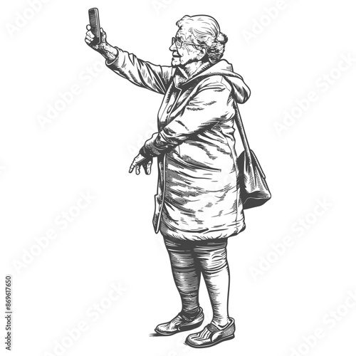 senior citizen woman taking selfie photo on smartphone with engraving style
