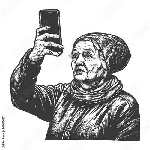senior citizen woman taking selfie photo on smartphone with engraving style