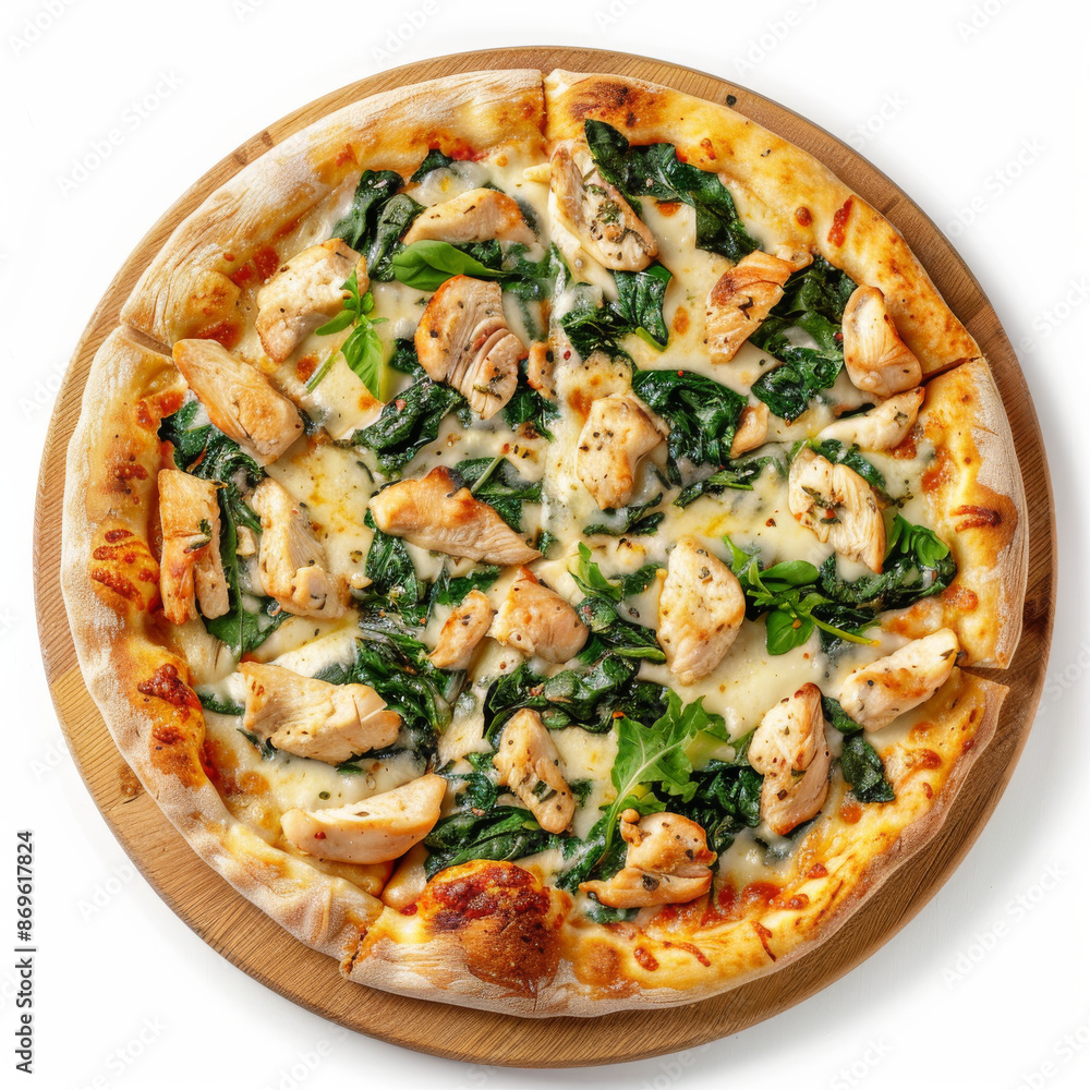 Delicious pizza topped with chicken fillet, mozzarella, garlic sauce, and spinach, isolated on a white background Delicious pizza topped with chicken fillet, mozzarella, garlic sauce, and spinach, isolated on a white background
