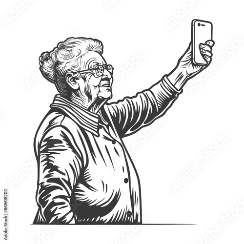 Engraved Granny Taking a Selfie: Retro Illustration.